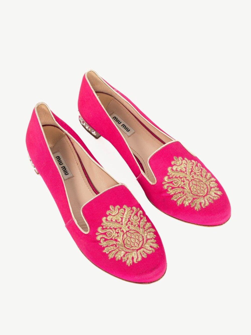 Miu Miu PF12 Pink Embroidered Crystal-Heel Loafers